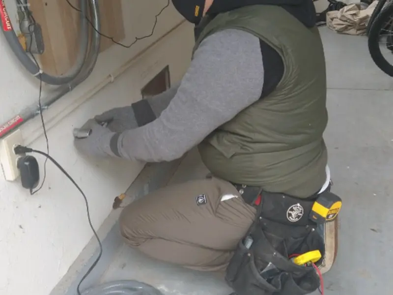 Electrician performing outlet wiring in a Lynnfield garage